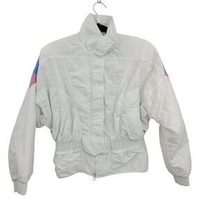 Vintage 80's Roffe Ski Snow Jacket 8 White Dolman Sleeve High Neck Cinched Waist